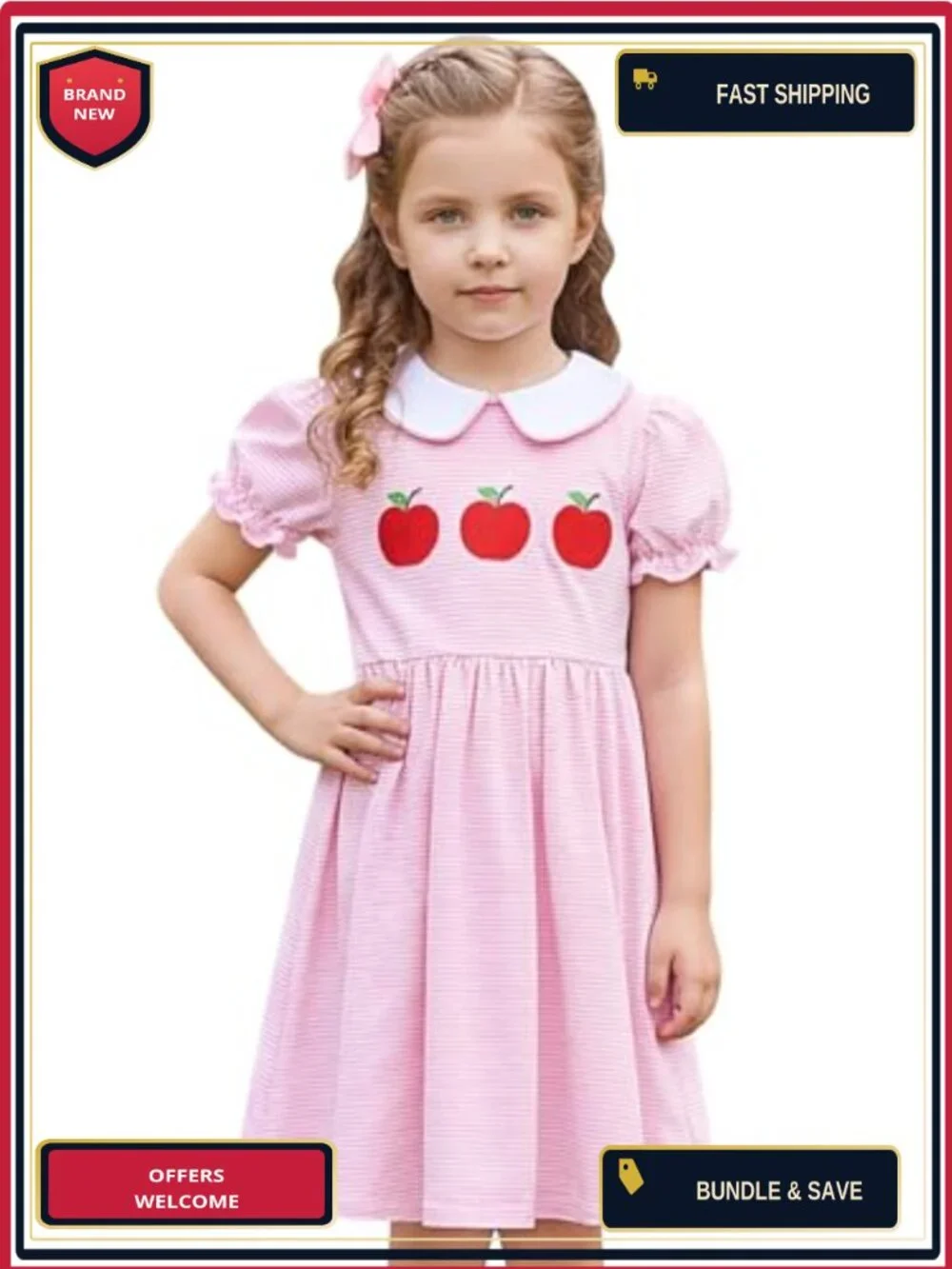 Kids Girls Back to School Ruffle Dress, Cotton, Crew Neck, Cap Sleeve, Button